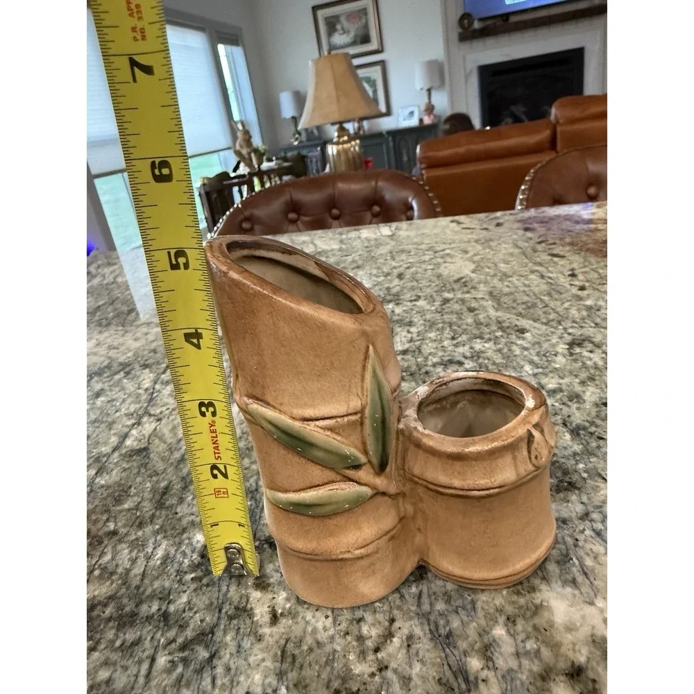 Vintage Stoneware Bamboo Shaped Bud Vase Signed Red Mark Numbers